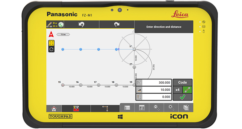 Map view of a building deisgn being sketched within Leica iCON Build software creating points, lines and arcs for layout.